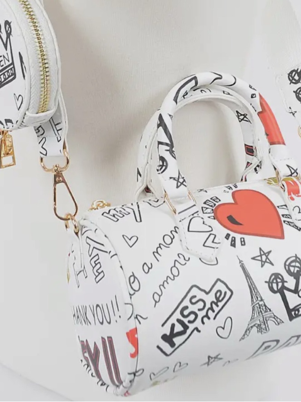 White Graffiti Print Heart Satchel Bag